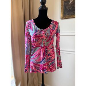 Lilly Pulitzer 100% Pima Cotton Pink Fuschia Blues Wide Scoopneck Top XS